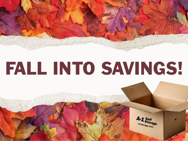 Fall Into Savings! Graphic with Leaves and Storage Box